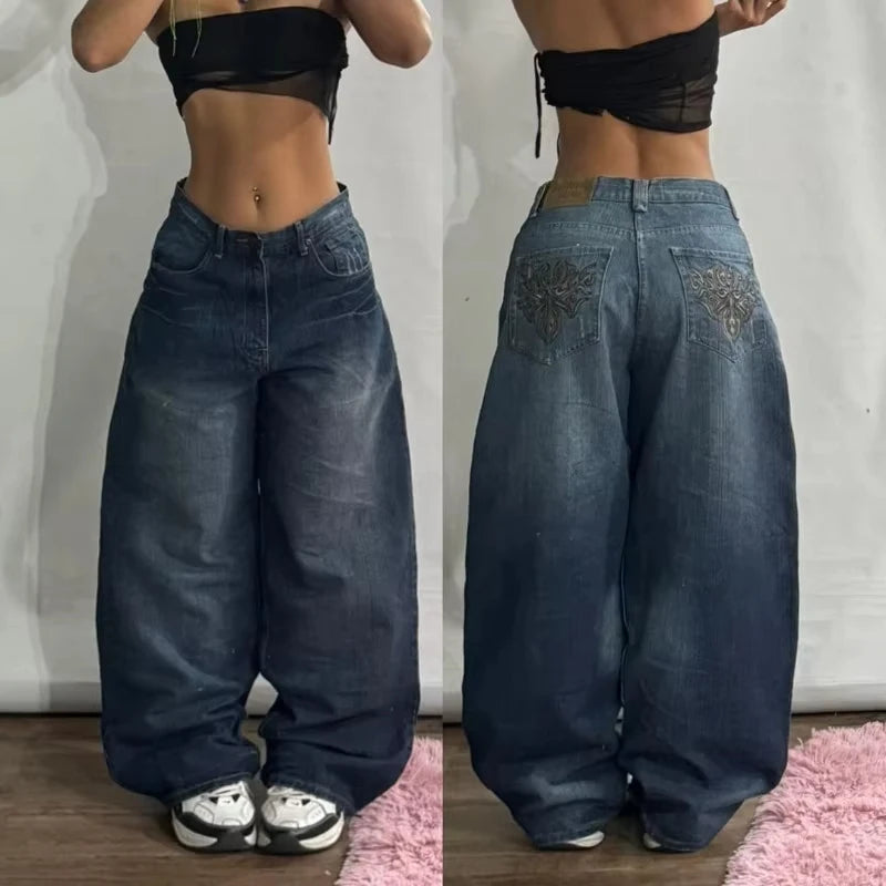 Y2K Gothic High Waist Baggy Jeans – Women's Multi-Pocket Wide Leg Denim
