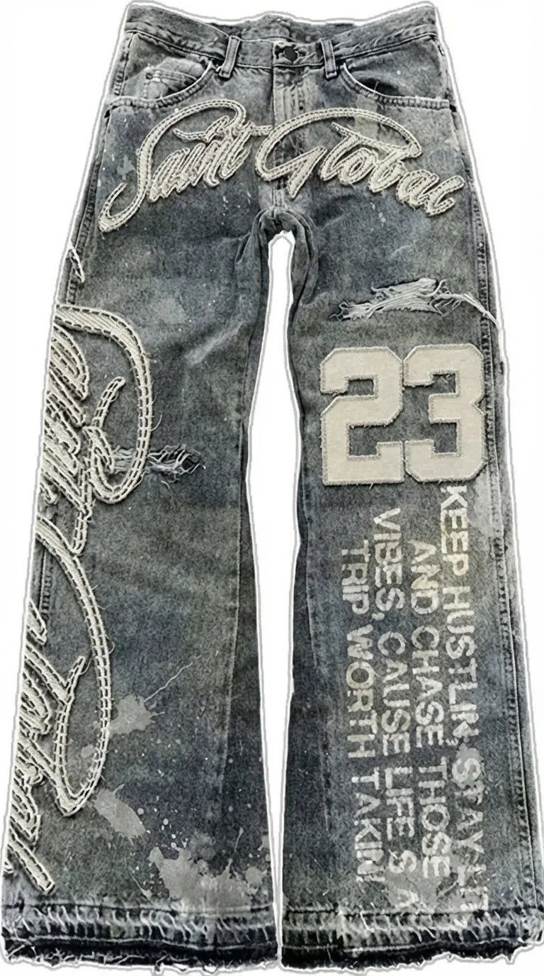 Y2K Baggy Wide Leg Embroidered Jeans for Men — Mid Rise Letter Patch Denim