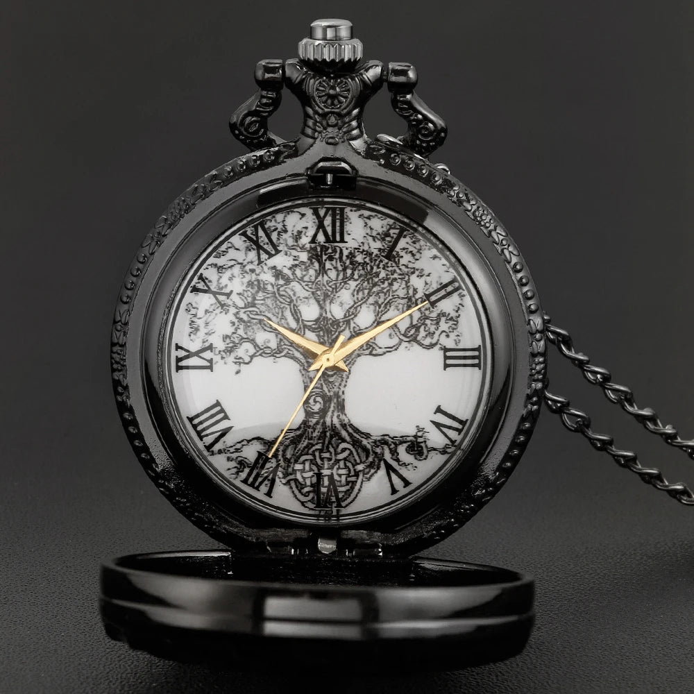 Tree of Life Pocket Watch — All Black Vintage Quartz Fob Watch with Necklace Chain | FireDrips