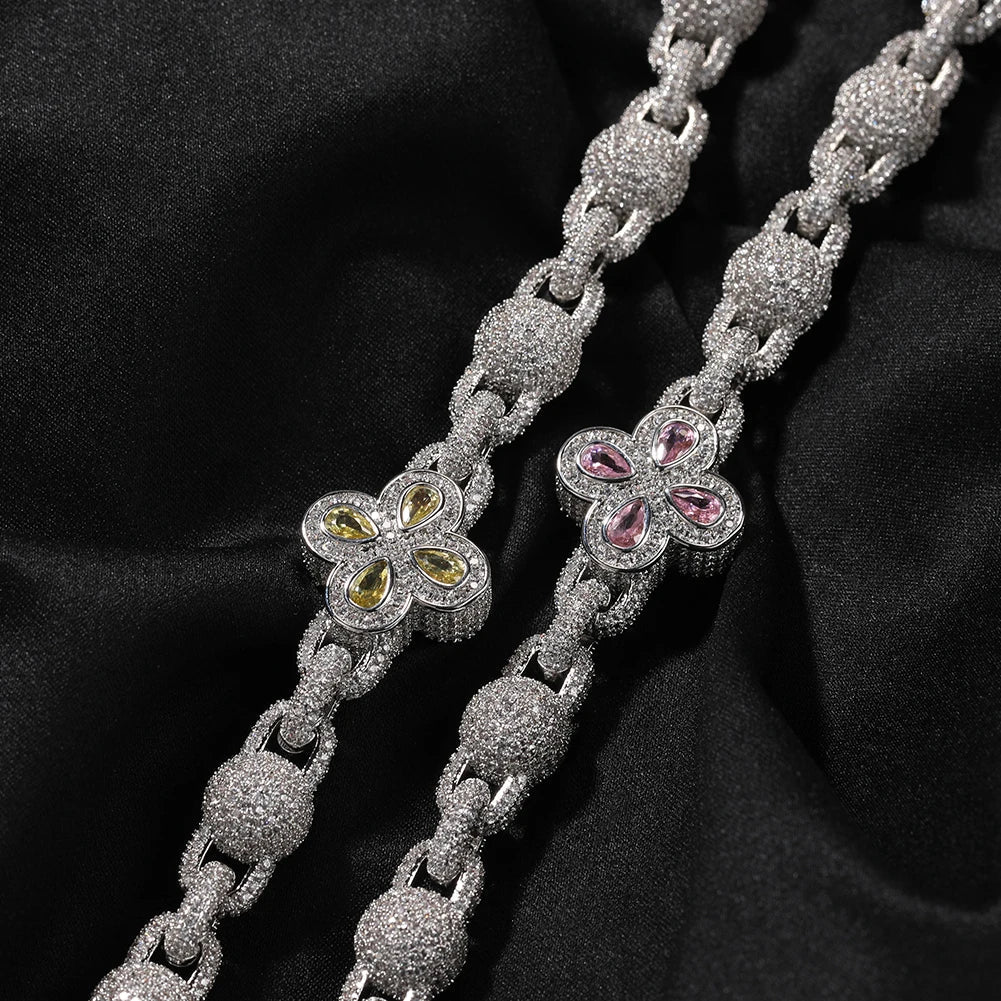 Four-Leaf Clover Baguette Necklace — Colorful Iced Out Chain Jewelry