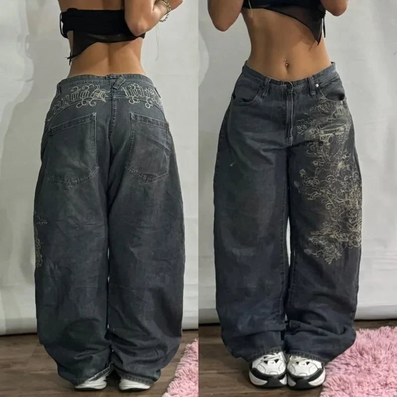 Y2K Gothic High Waist Baggy Jeans – Women's Multi-Pocket Wide Leg Denim