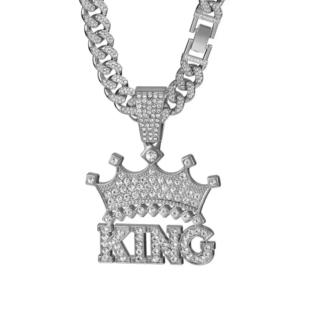 Men's Iced Crown King Pendant on 13MM Crystal Cuban Chain — Bold Statement Jewelry, Gold & Silver
