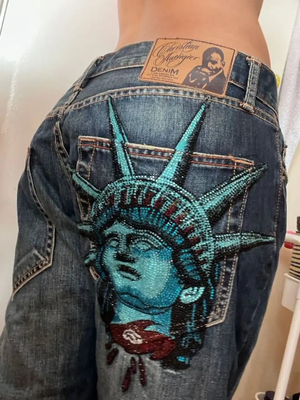 Y2K Statue of Liberty Diamond High Waist Jeans for Women — Harajuku Streetwear Denim
