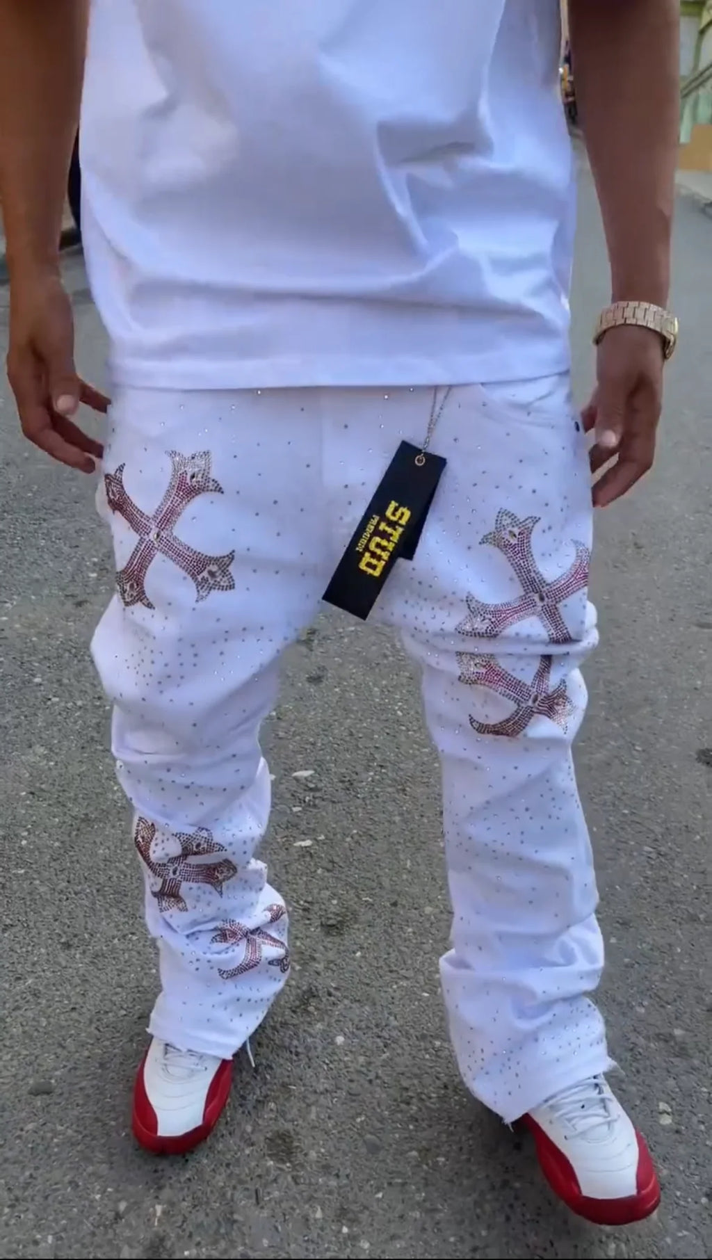 Rhinestone Studded Cross Skinny Flared Jeans — Y2K Streetwear Denim