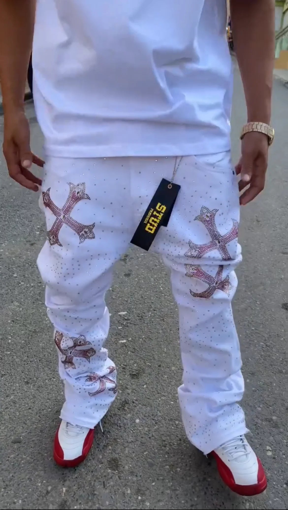 Rhinestone Studded Cross Skinny Flared Jeans — Y2K Streetwear Denim
