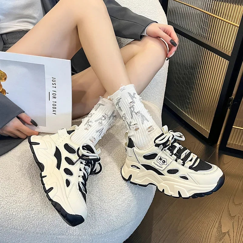 Fujin 5cm Genuine Leather Women Platform Wedge Chunky Sneakers – Breathable Autumn Winter
