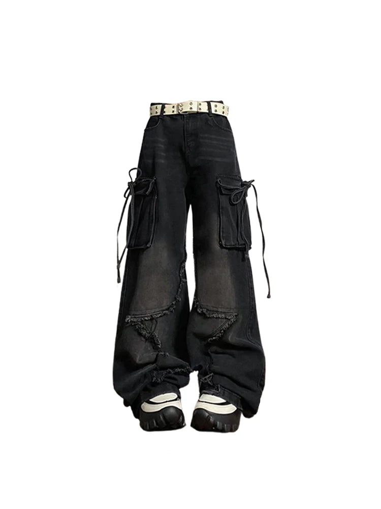 Black Gothic Baggy Cargo Jeans – Women's Y2K Harajuku Star Denim