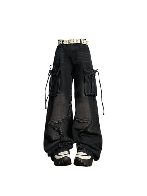 Black Gothic Baggy Cargo Jeans – Women's Y2K Harajuku Star Denim