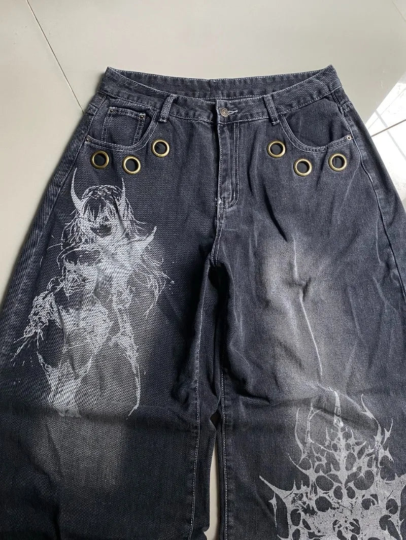 Y2K Gothic Rock High Waist Wide Leg Jeans – Men's Punk Denim