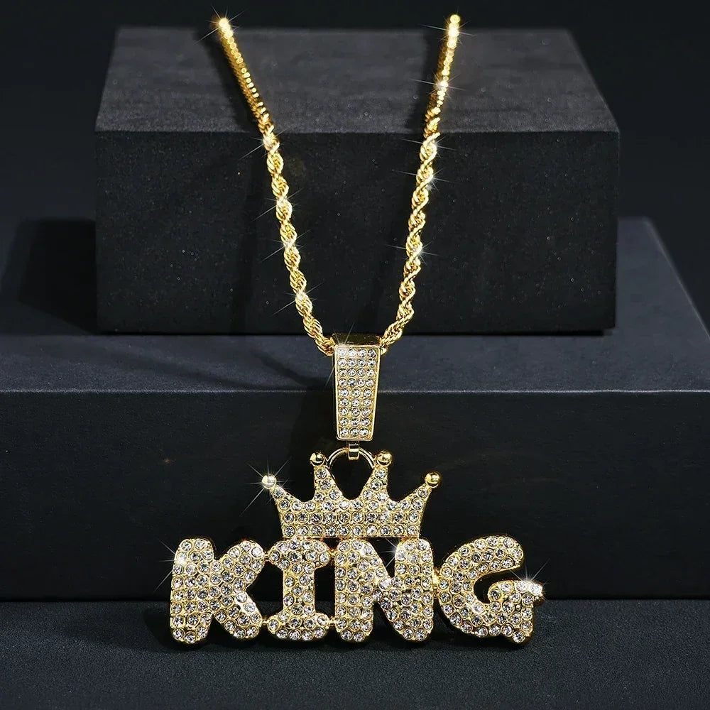 Crown KING Pendant Necklace — Iced Out Crystal Cuban Chain Men's Statement Jewelry, Gold & Silver