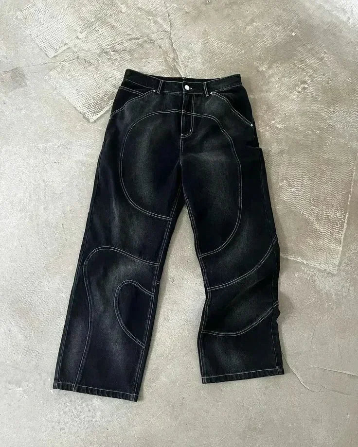 Y2K Baggy Wide Leg Embroidered Jeans for Men — Mid Rise Letter Patch Denim