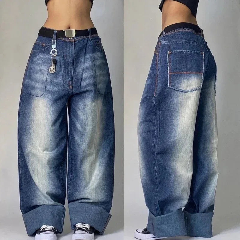 Y2K Gothic High Waist Baggy Jeans – Women's Multi-Pocket Wide Leg Denim