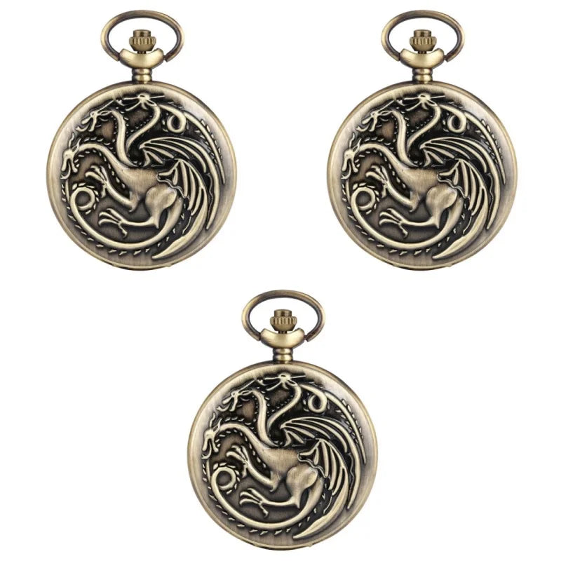 Three-Headed Dragon Pocket Watch — Vintage Bronze Quartz Fob Watch with Necklace Chain | FireDrips