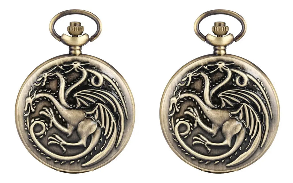 Three-Headed Dragon Pocket Watch — Vintage Bronze Quartz Fob Watch with Necklace Chain | FireDrips
