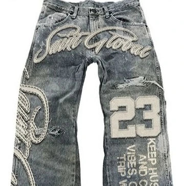 Y2K Baggy Wide Leg Embroidered Jeans for Men — Mid Rise Letter Patch Denim