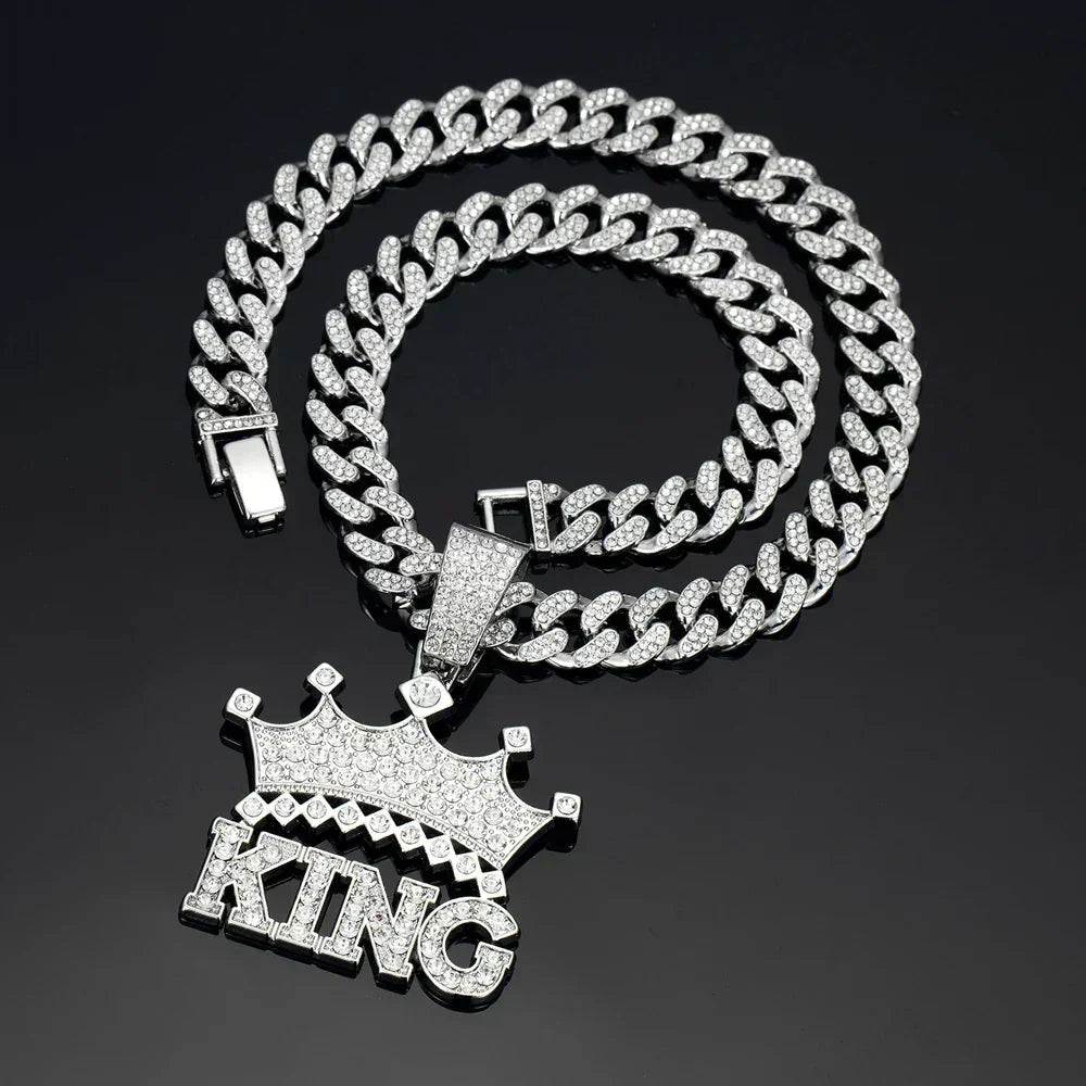 Men's Iced Crown King Pendant on 13MM Crystal Cuban Chain — Bold Statement Jewelry, Gold & Silver