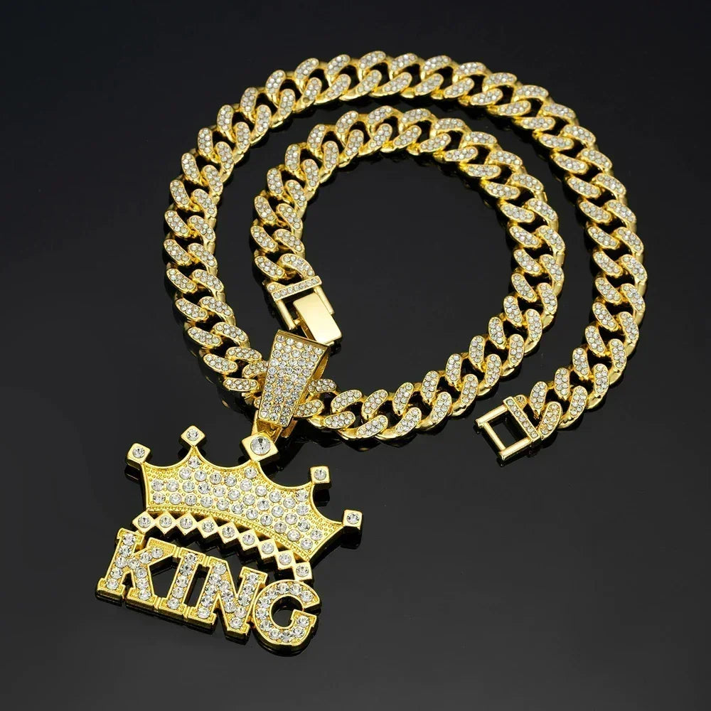 Men's Iced Crown King Pendant on 13MM Crystal Cuban Chain — Bold Statement Jewelry, Gold & Silver