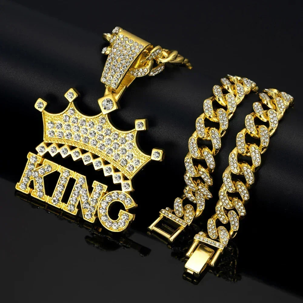 Men's Iced Crown King Pendant on 13MM Crystal Cuban Chain — Bold Statement Jewelry, Gold & Silver