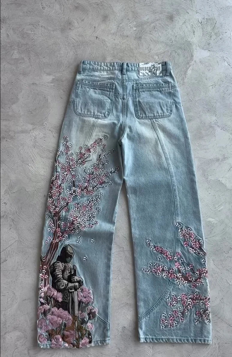 Cherry Blossom Black Y2K Jeans – Women's Graphic Denim