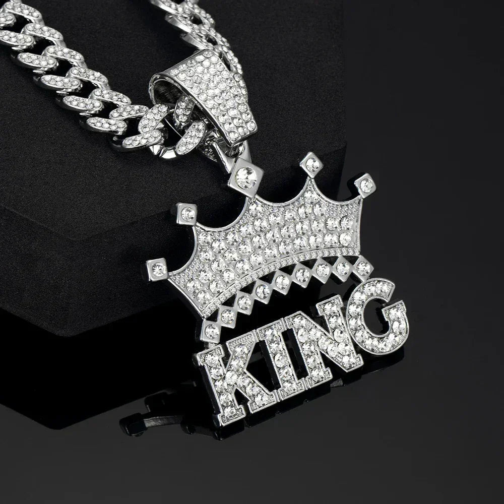 Men's Iced Crown King Pendant on 13MM Crystal Cuban Chain — Bold Statement Jewelry, Gold & Silver