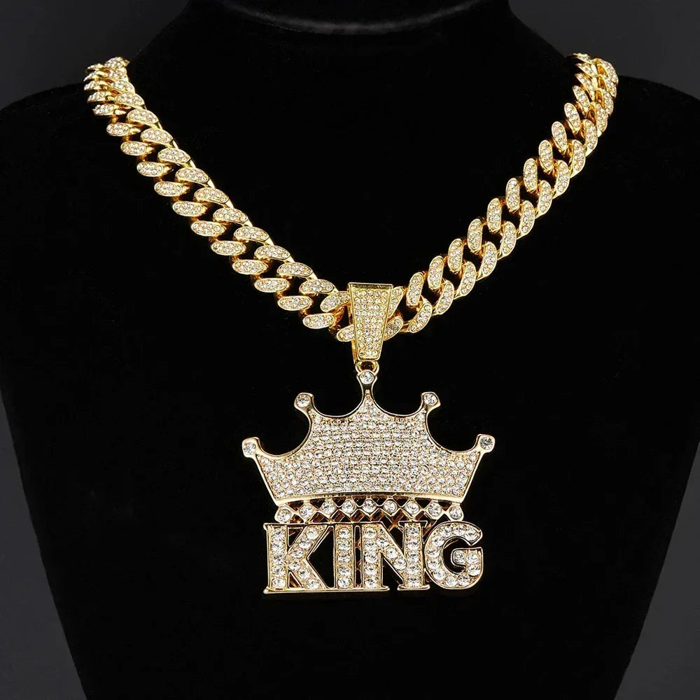 Men's Iced Crown King Pendant on 13MM Crystal Cuban Chain — Bold Statement Jewelry, Gold & Silver