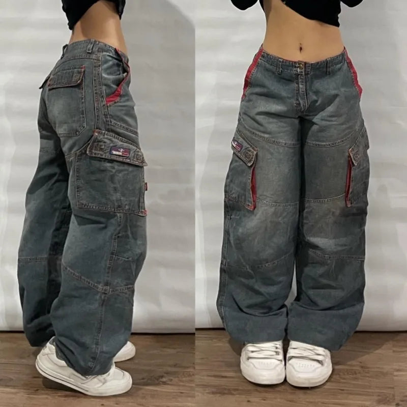 Y2K Gothic High Waist Baggy Jeans – Women's Multi-Pocket Wide Leg Denim