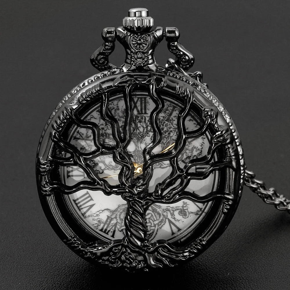Tree of Life Pocket Watch — All Black Vintage Quartz Fob Watch with Necklace Chain | FireDrips