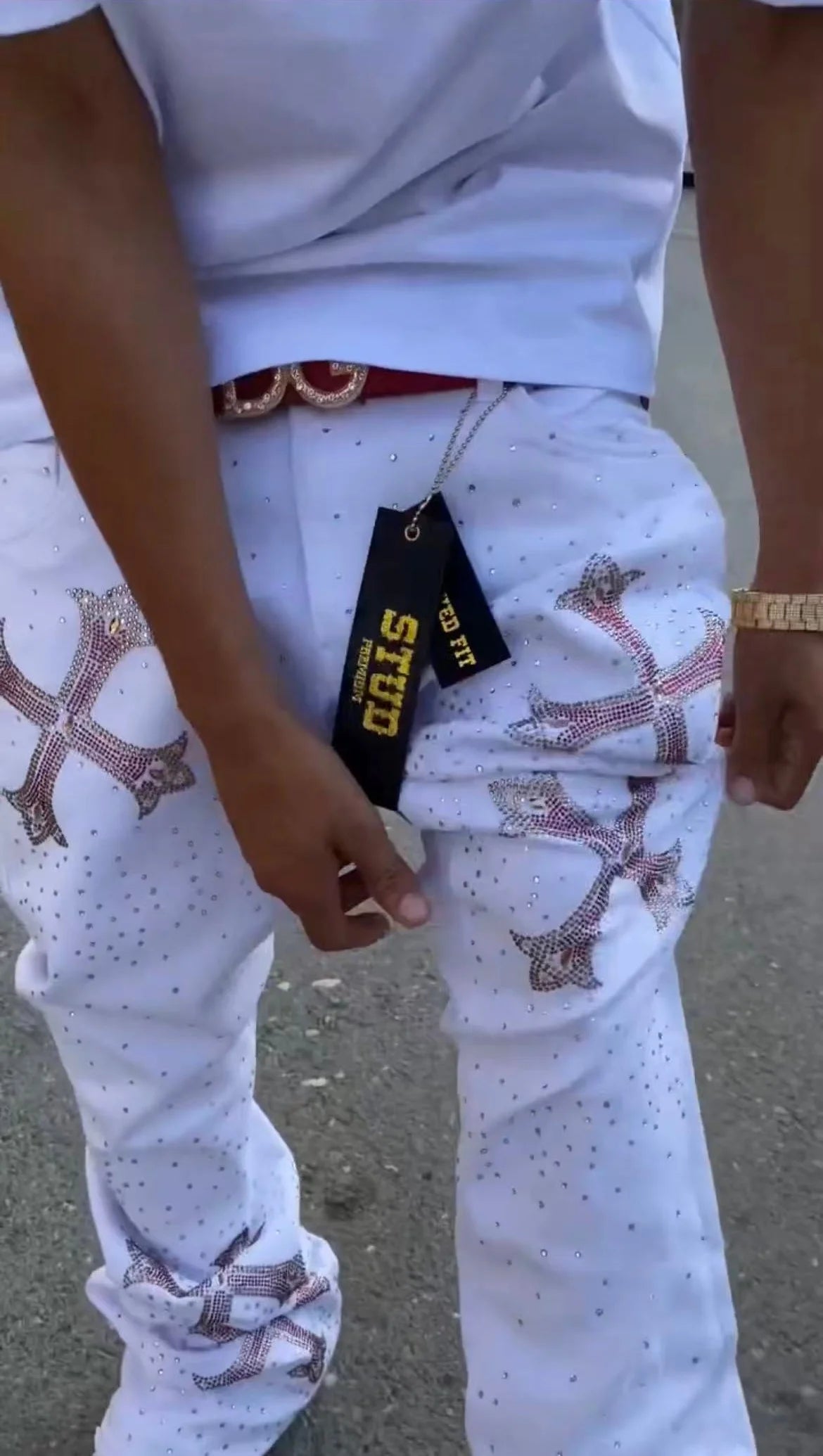 Rhinestone Studded Cross Skinny Flared Jeans — Y2K Streetwear Denim