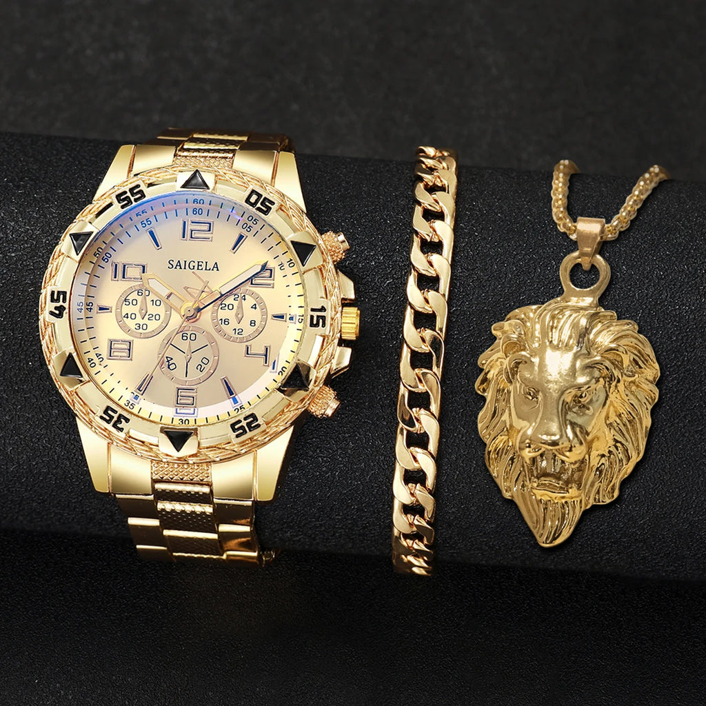3pcs/Set Steel Band Men's Watches Arabic Dial Jewelry Set Relogio Masculino