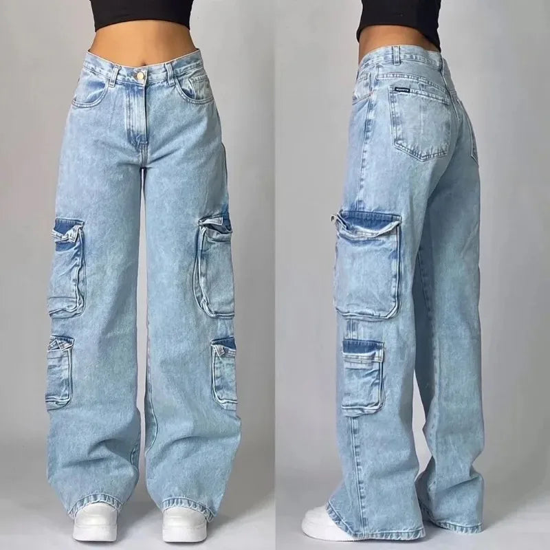 Y2K Gothic High Waist Baggy Jeans – Women's Multi-Pocket Wide Leg Denim