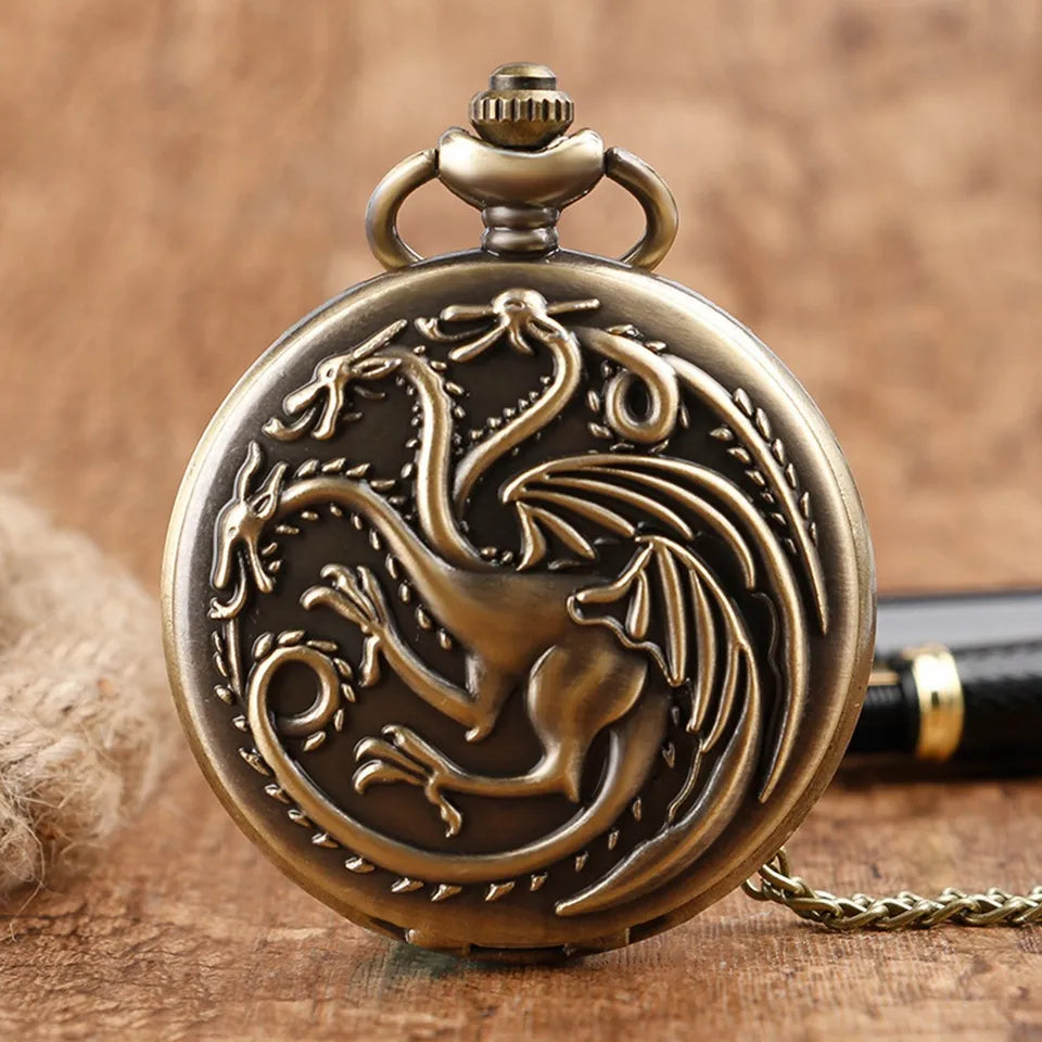 Three-Headed Dragon Pocket Watch — Vintage Bronze Quartz Fob Watch with Necklace Chain | FireDrips