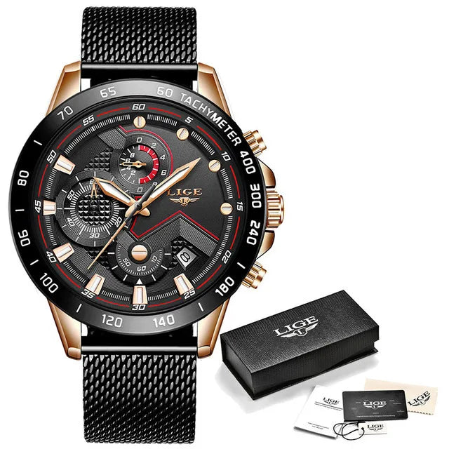 LIGE Women's Stainless Steel Chronograph Watch — Rose Gold Quartz Sport Bracelet, Waterproof | FireDrips