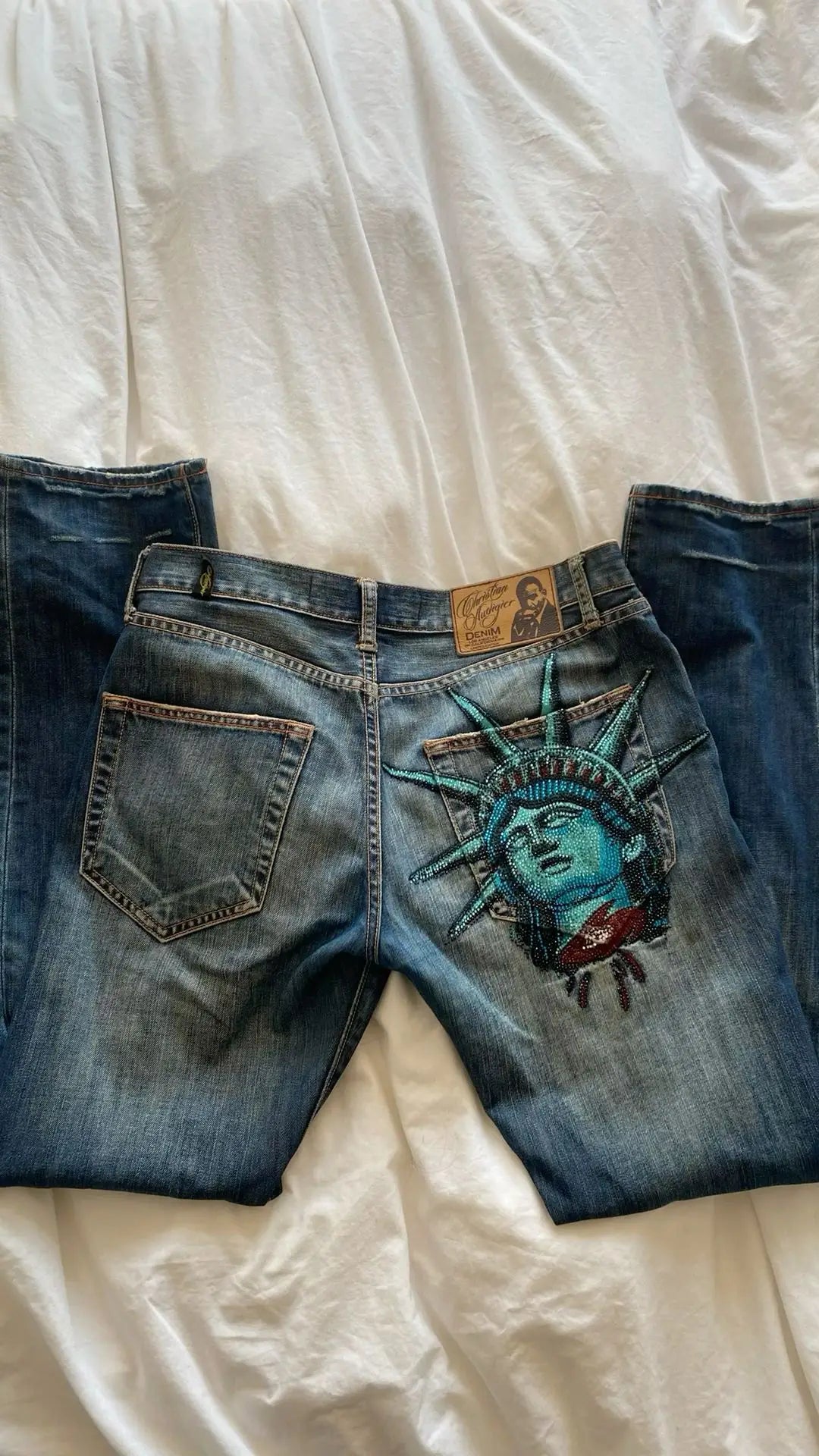 Y2K Statue of Liberty Diamond High Waist Jeans for Women — Harajuku Streetwear Denim
