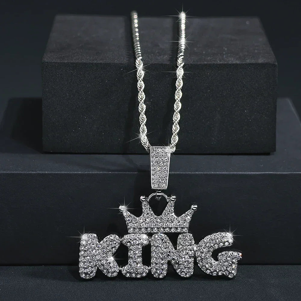 Crown KING Pendant Necklace — Iced Out Crystal Cuban Chain Men's Statement Jewelry, Gold & Silver