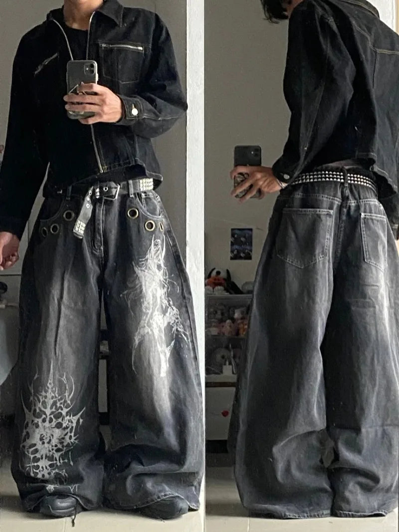 Y2K Gothic Rock High Waist Wide Leg Jeans – Men's Punk Denim