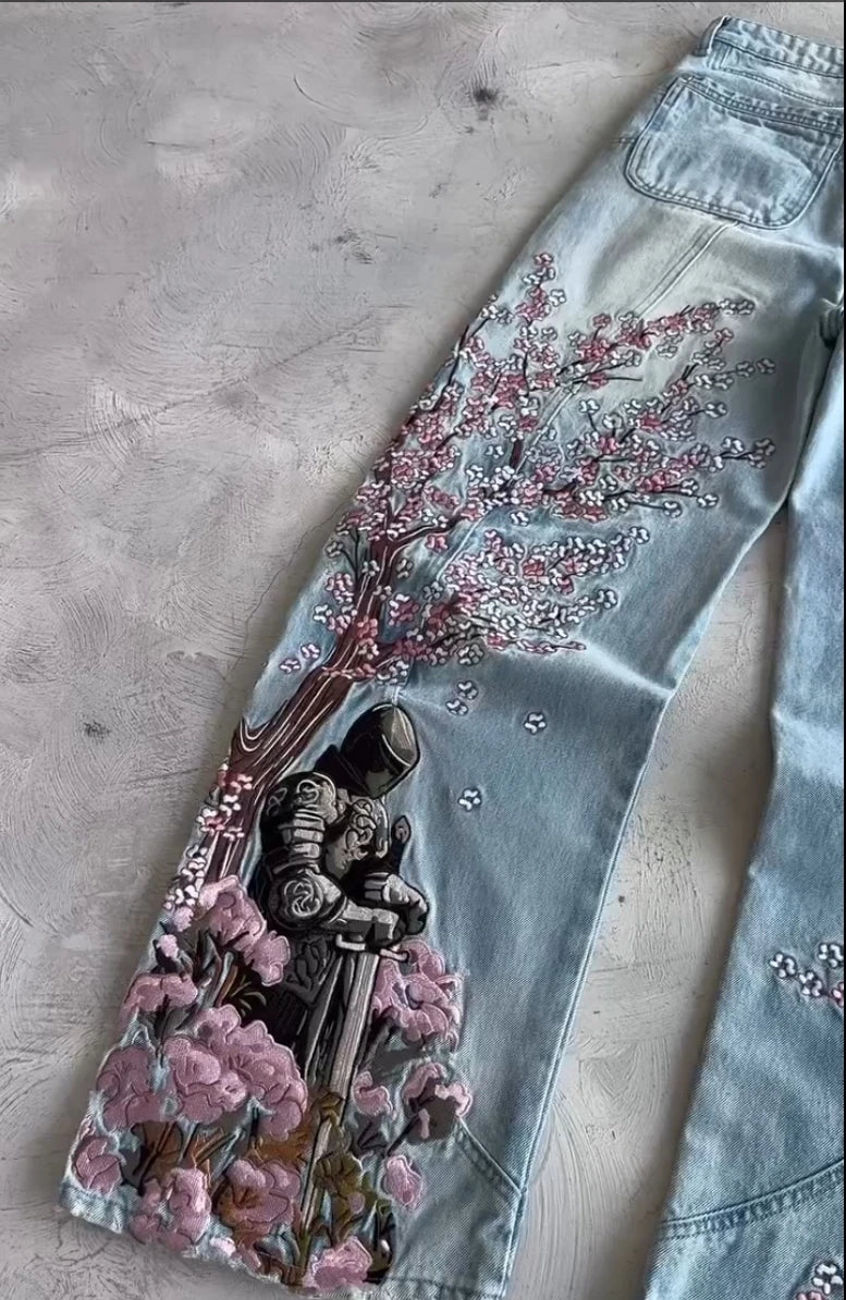 Cherry Blossom Black Y2K Jeans – Women's Graphic Denim