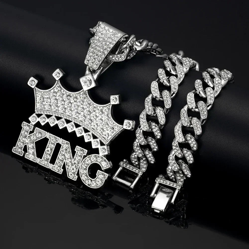 Men's Iced Crown King Pendant on 13MM Crystal Cuban Chain — Bold Statement Jewelry, Gold & Silver