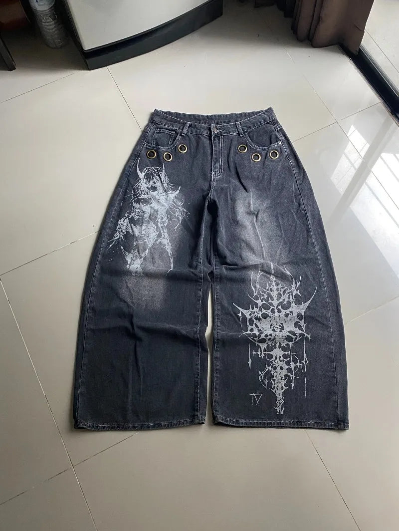 Y2K Gothic Rock High Waist Wide Leg Jeans – Men's Punk Denim