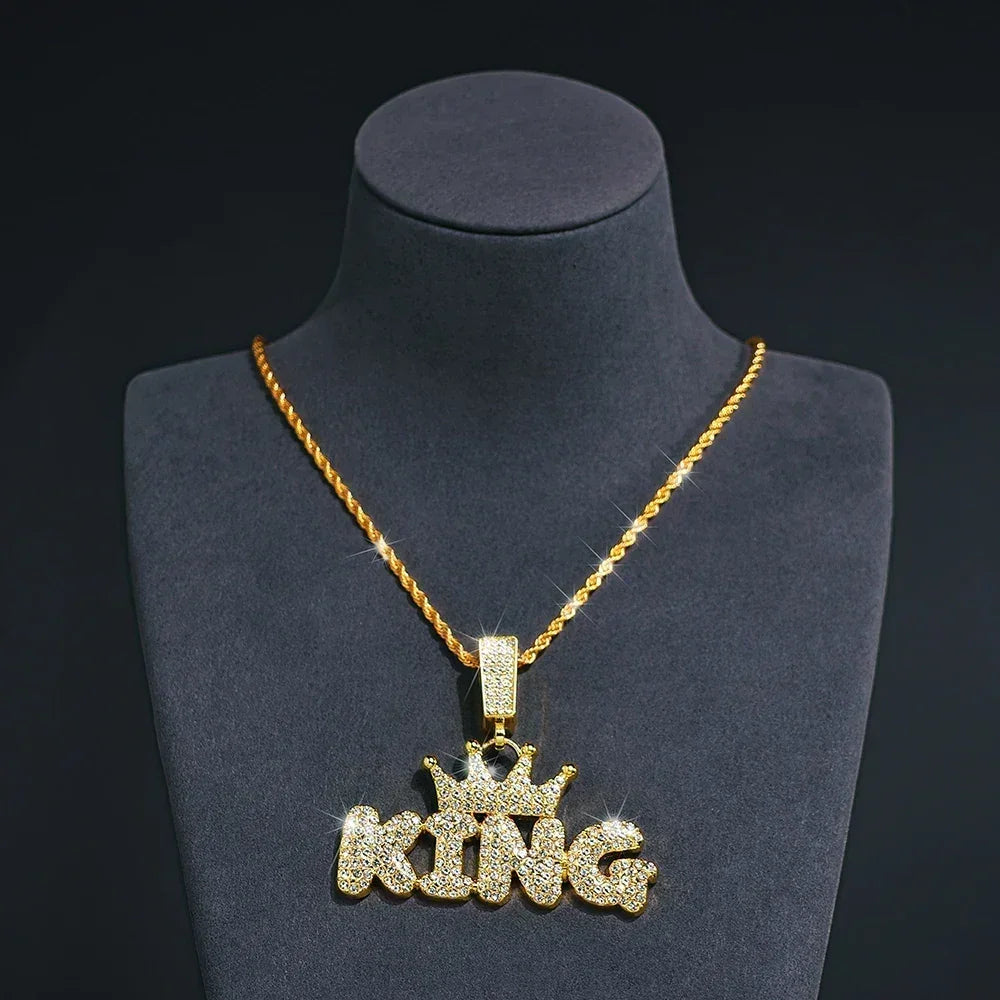 Crown KING Pendant Necklace — Iced Out Crystal Cuban Chain Men's Statement Jewelry, Gold & Silver