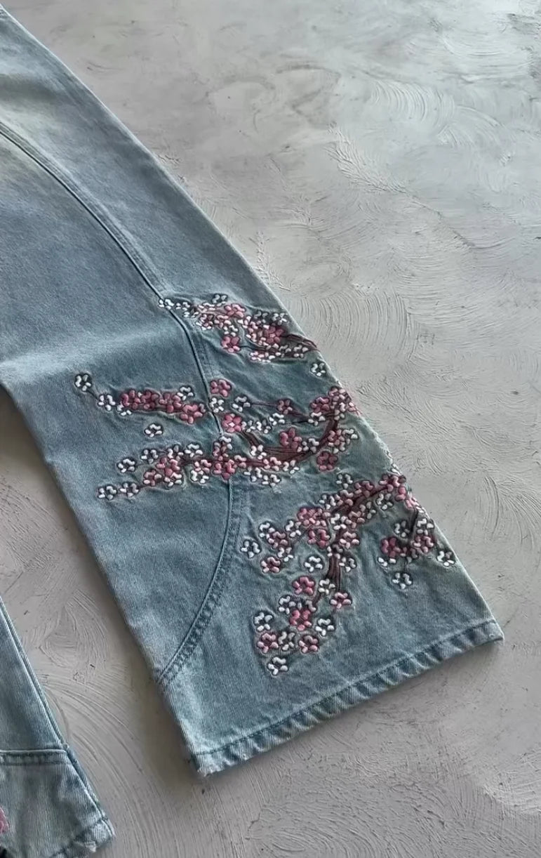 Cherry Blossom Black Y2K Jeans – Women's Graphic Denim