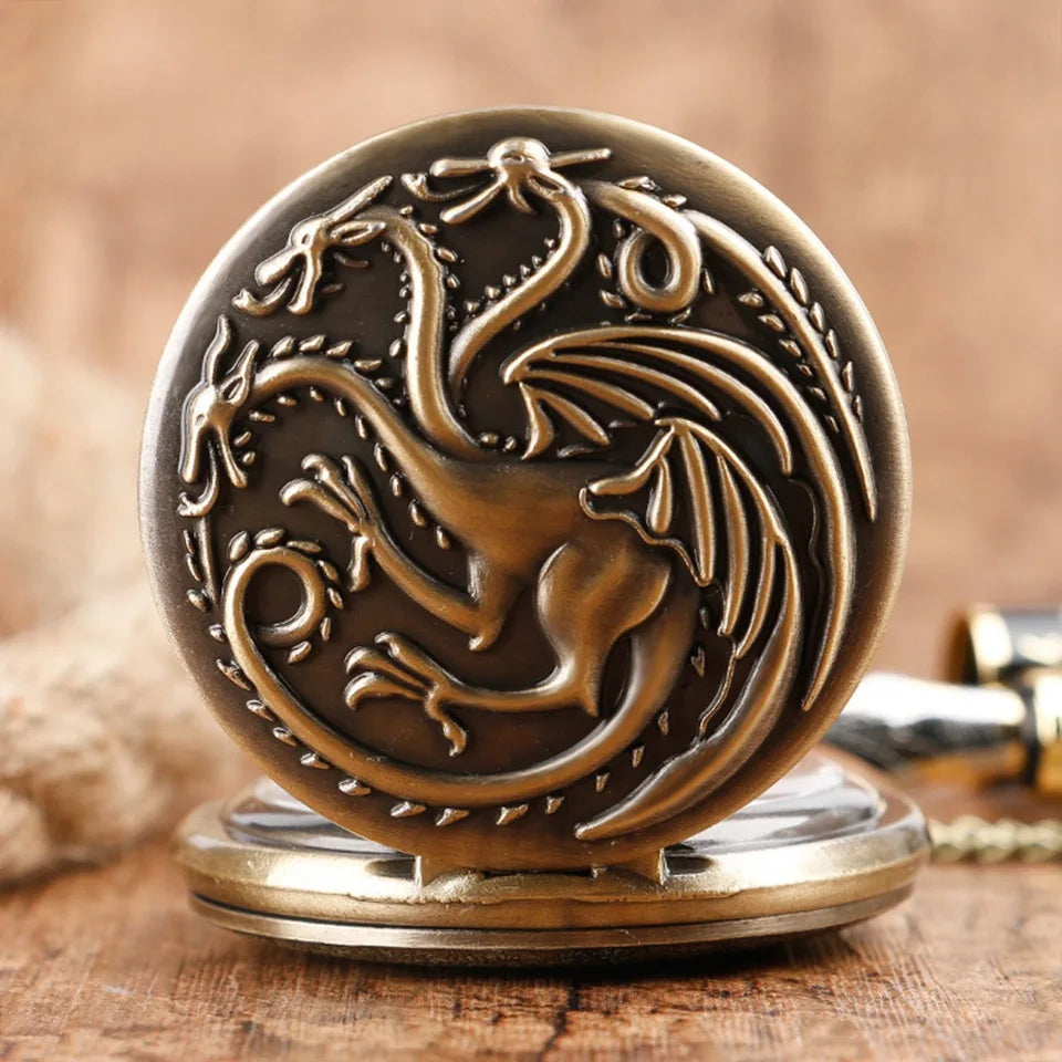 Three-Headed Dragon Pocket Watch — Vintage Bronze Quartz Fob Watch with Necklace Chain | FireDrips