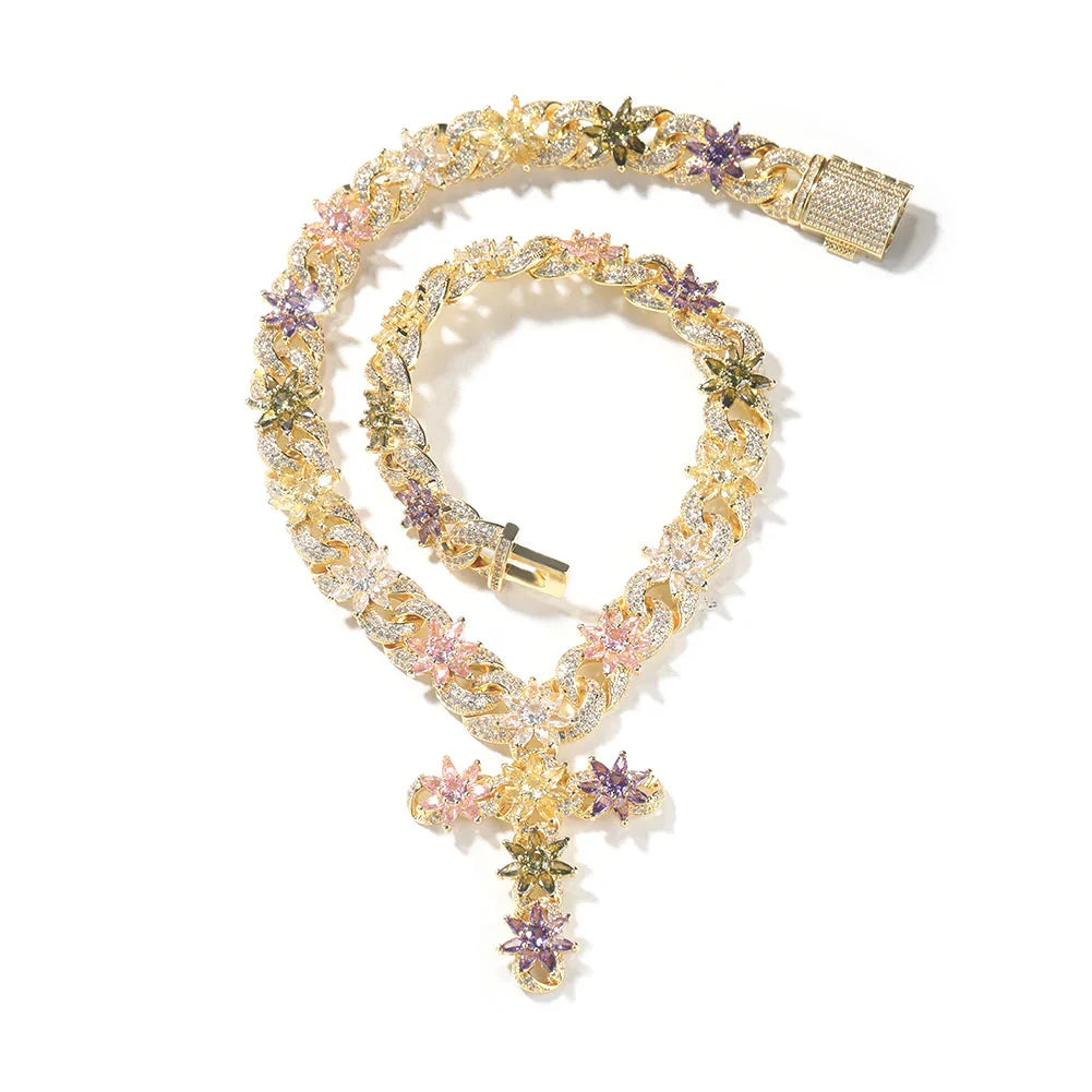 Colorful Floral Cuban Cross Chain Necklace
