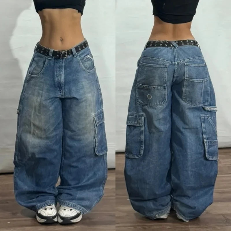 Y2K Gothic High Waist Baggy Jeans – Women's Multi-Pocket Wide Leg Denim