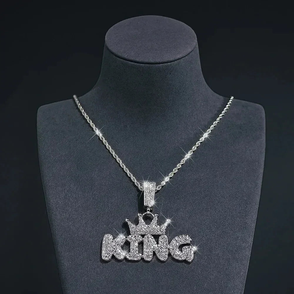Crown KING Pendant Necklace — Iced Out Crystal Cuban Chain Men's Statement Jewelry, Gold & Silver