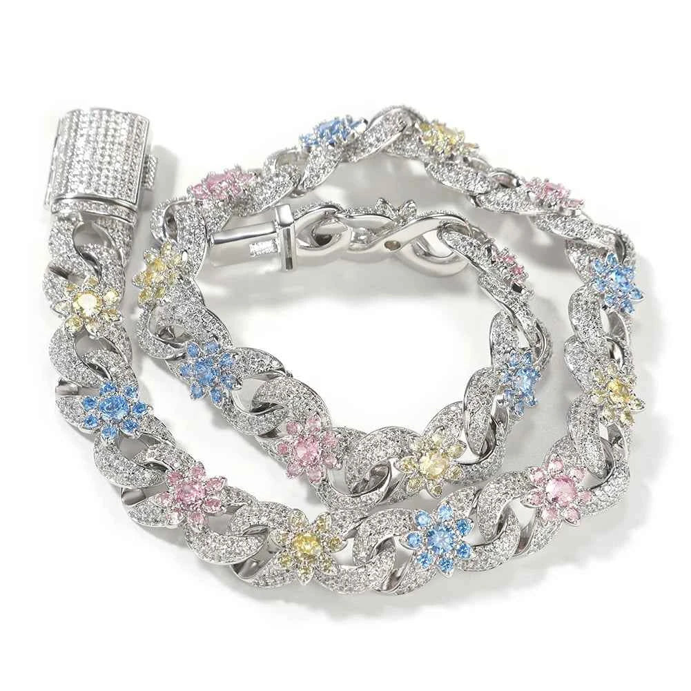 Colorful Floral Cuban Link Necklace & Bracelet Set