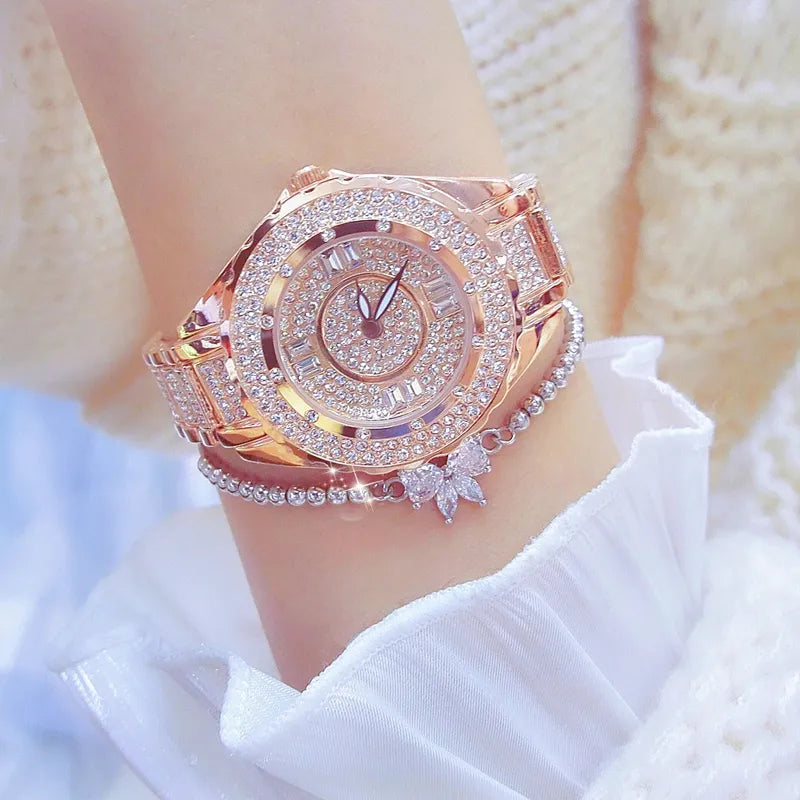 Crystal Diamond Watch for Women — Elegant Rose Gold, Gold & Silver with Bracelet Set | FireDrips