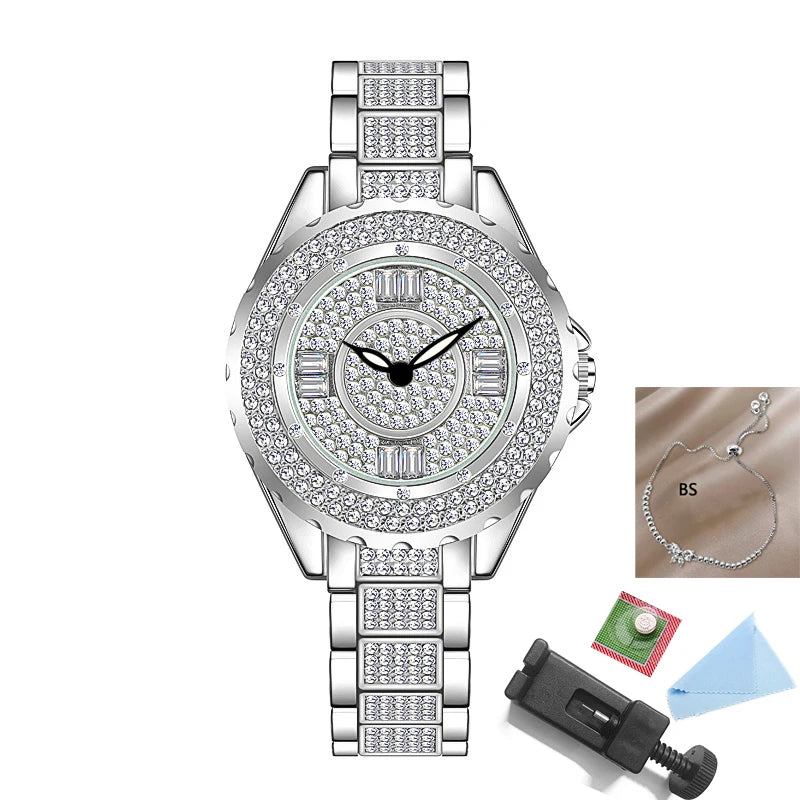 Crystal Diamond Watch for Women — Elegant Rose Gold, Gold & Silver with Bracelet Set | FireDrips