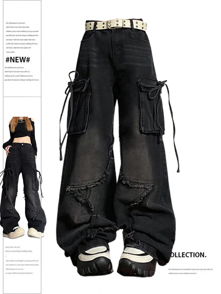 Black Gothic Baggy Cargo Jeans – Women's Y2K Harajuku Star Denim