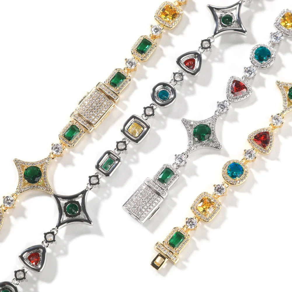 Rainbow Gemstone Necklace & Bracelet Set — Iced Out Link Chain Women's Jewelry