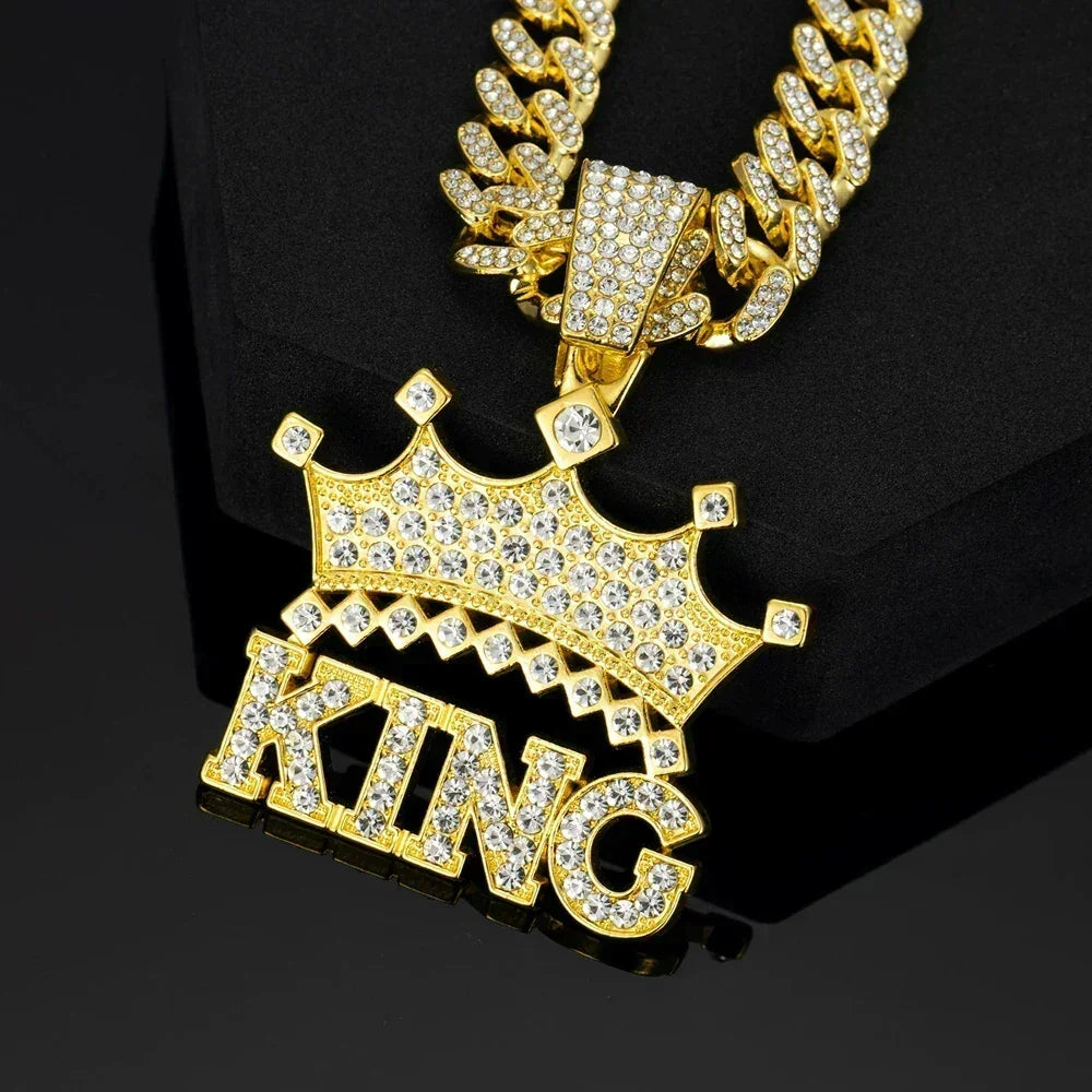 Men's Iced Crown King Pendant on 13MM Crystal Cuban Chain — Bold Statement Jewelry, Gold & Silver